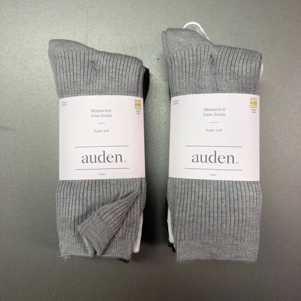 Auden Ribbed Knit Crew Socks 2 packs total 8 pair White Grey Soft size 4-10